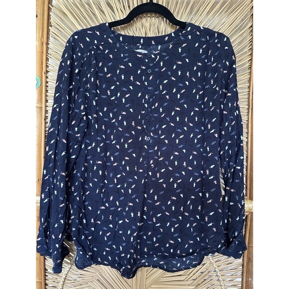 LOFT Outlet Cat Print Blouse | Women’s M Navy Rayon Button Front Cottagecore Top - Picture 1 of 5